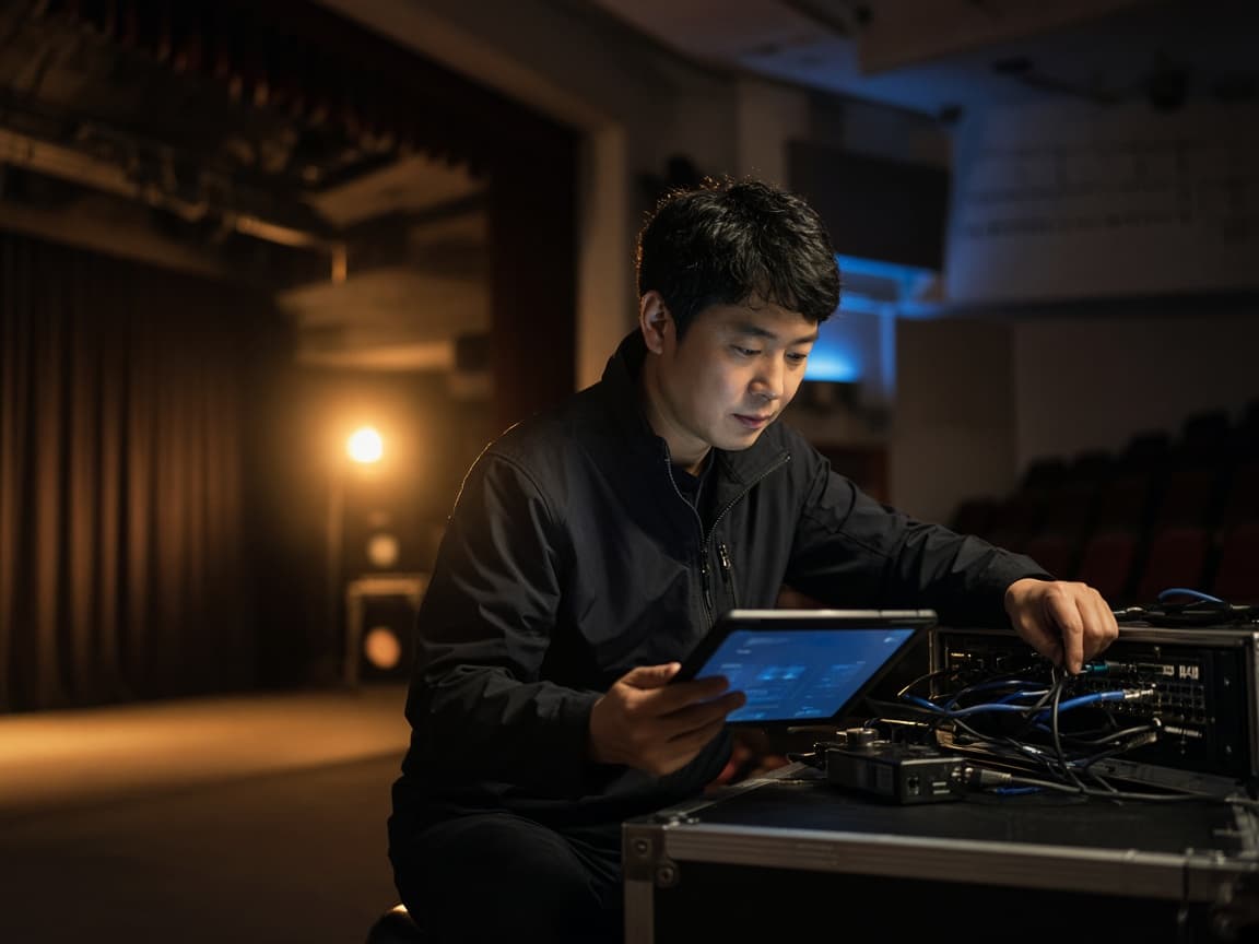 현장에서 조명 제어 장비를 점검하는 전문가